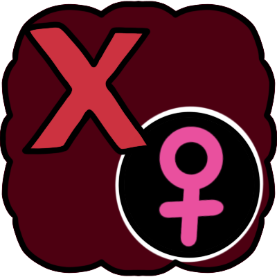 a dark red thought bubble shape in it is a bright red 'X' slightly over a black circle that has a pink venus symbol in it.